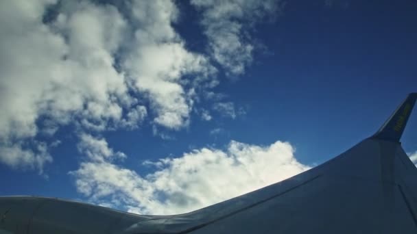 翼上の航空機の窓からの空の景色明るい太陽に対してふわふわの雲の上を飛ぶ — ストック動画