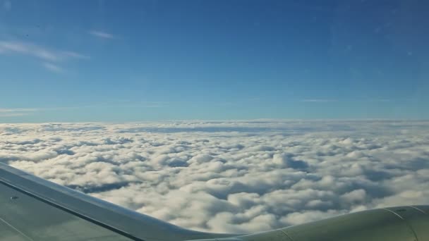 Légi felvétel a légi jármű ablakából nagy repülőgép szárny felett repülnek bolyhos fehér felhők — Stock videók