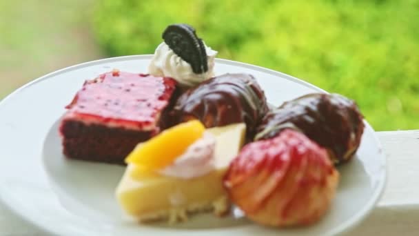 Основное внимание уделяется разнообразным фруктовым эклерам и кусочкам сладкого торта на белой тарелке — стоковое видео