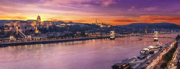 High resolution aerial panorama of Budapest, Hungary. Sunset over the city with the Chain Bridge, the Danube river and Buda Palace.