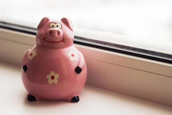 Ceramic pink pig money box for coins, a symbol of 2019