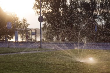 Yol kenarındaki çimenleri otobüs durağı, göl ve ağaçlarla suluyorum. Gün batımında su çok güzel sıçrar..