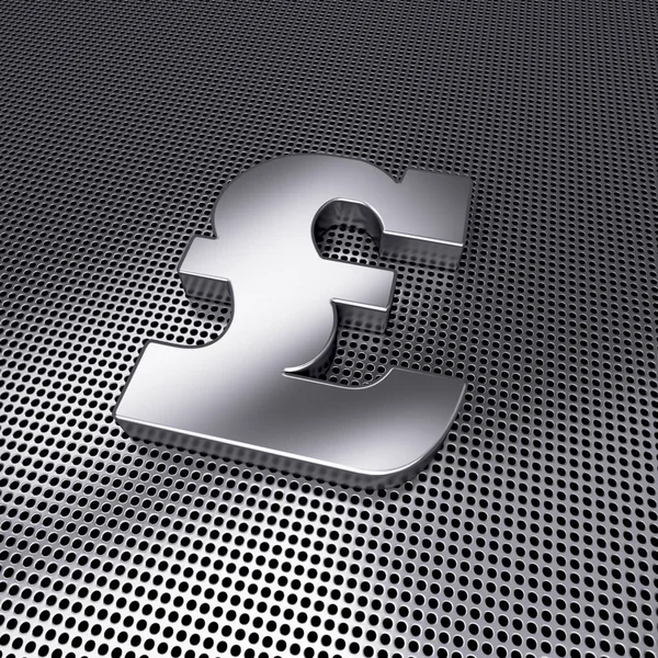 Steel Pound sign on metal perforated ground . Money symbol . 3D image, illustration