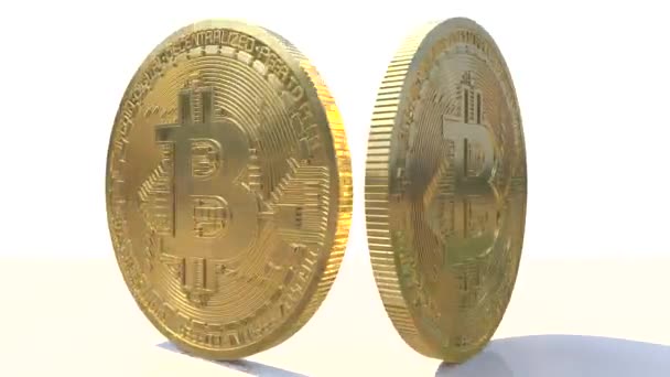 Moeda de bitcoin casal rotativo realista em um fundo branco. A enrolar. Moeda digital feita de ouro. Conceito de criptomoeda . — Vídeo de Stock