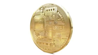 Gerçekçi Döner bitcoin beyaz bir arka plan üzerinde. Döngü. Altından yapılmış dijital sikke. Kripto para birimi kavramı.