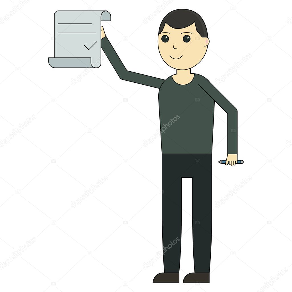 The guy shows the contract isolated on white background