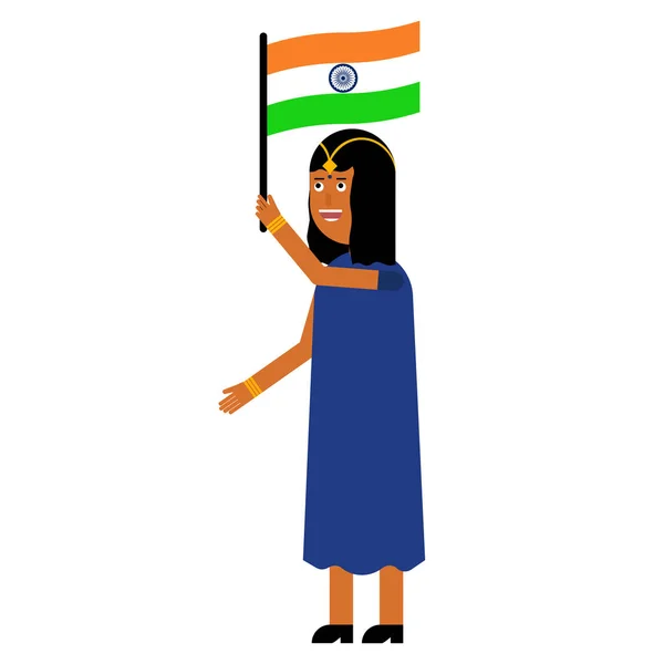 Chica India Lleva Bandera India Aislada Sobre Fondo Blanco — Vector de stock