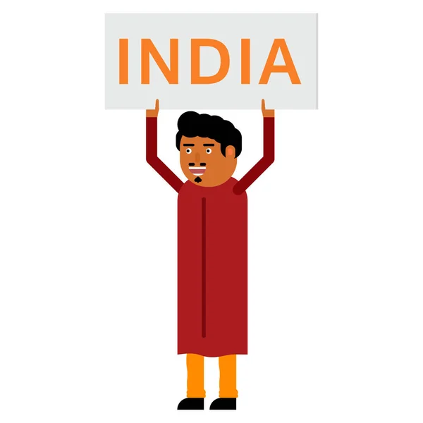 Indisk Man Med Affisch Och Inskription Indien Isolerad Vit Bakgrund — Stock vektor