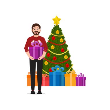 Bir adam bir hediye, hediyeler ile Noel ağacı vektör çizim beyaz arka planda, iyi yeni yıl ruhu tutar