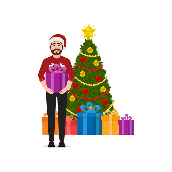 Ein Mann Hält Ein Geschenk Weihnachtsbaum Mit Geschenken Vektorillustration Auf — Stockvektor