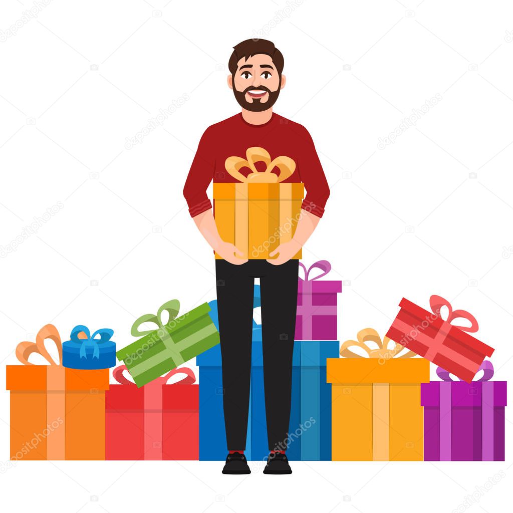 A man holds a gift, a lot of gifts in the background, happy man