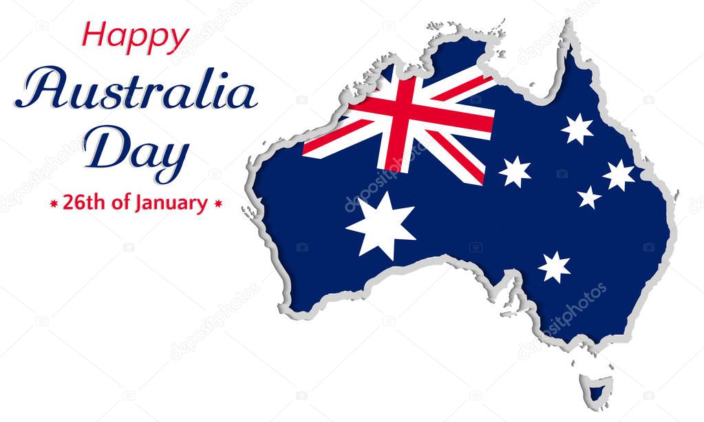 Happy Australia day background or greeting card, festive vector illustration, australia independence day. map with flag of australia