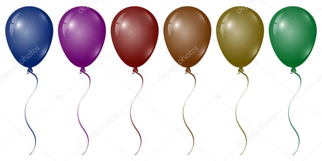 Realistic glossy helium balloons with a ribbon, vector illustration on white background