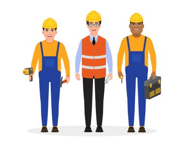 İş elbiseleri ve bir inşaat kask ve holding İnşaat araçları, düz stil, vektör çizim üç karakter erkek inşaatçılar giymiş