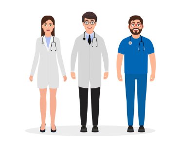 İki adam ve bir kadın karakter düz stil, vektör çizim Tıbbi üniforma giymiş doktorlar