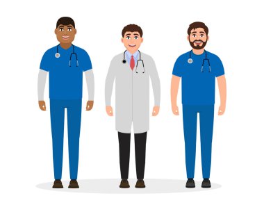 Doktorlar Tıbbi üniforma içinde düz stil, vektör çizim üç mutlu karakter giyinmiş.