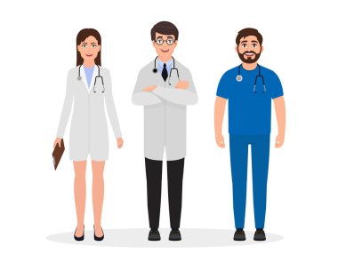 Doktorlar iki adam ve bir kadın karakter düz stil, profesyonel istihdam vektör çizim Tıbbi üniforma giymiş