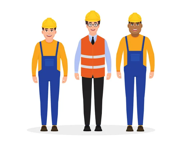 男性穿着工作服和建筑头盔 三个字符在平的样式 向量例证 — 图库矢量图片