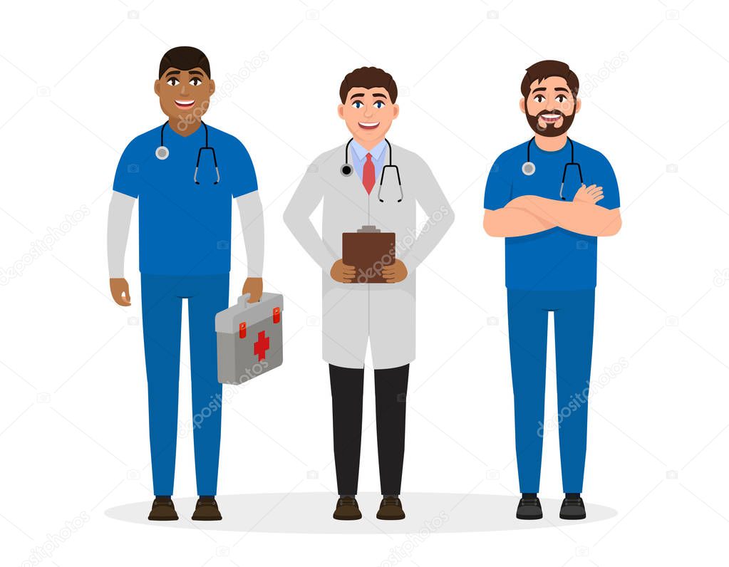 Doctors dressed in medical uniform, three happy characters in flat style, professional employment vector illustration