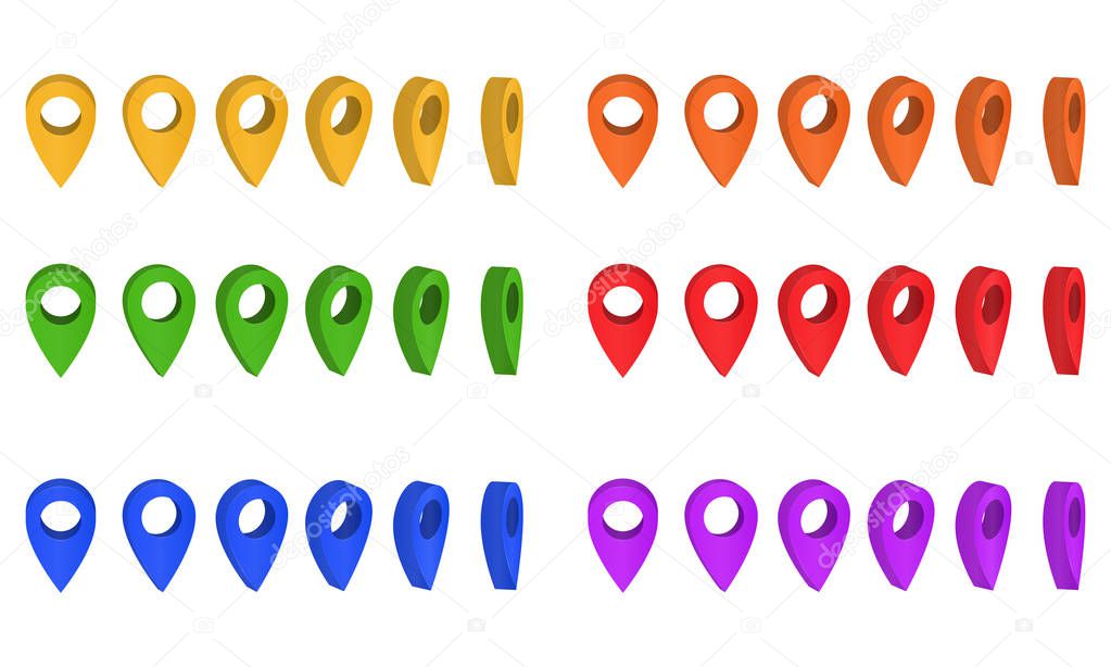 Pointer mark on the map isometric icon. Map navigation 3d pins. The location of the colored pointers set