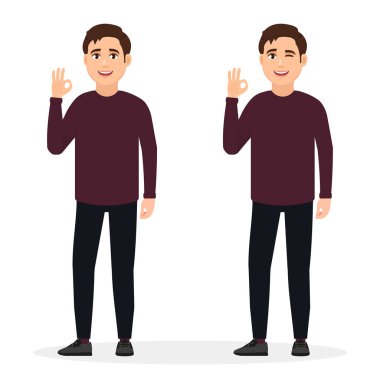 Adam hareket jest iyidir iyidir gösterir. Vektör çizim karikatür tarzı.