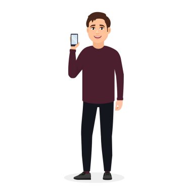 Adam ayakta ve bir cep telefonu, karakter düz bir tarzda gösterilen