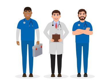 Doktorlar Tıbbi üniforma içinde düz stil, profesyonel istihdam vektör çizim üç mutlu karakter giyinmiş.