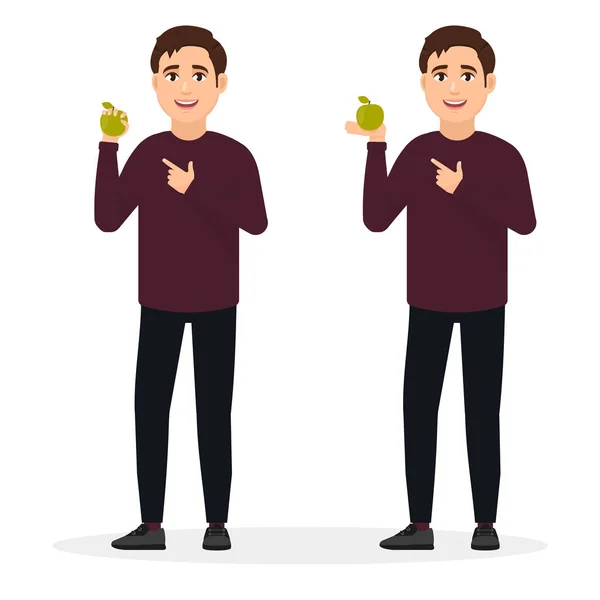 Άντρας Δείχνει Ένα Πράσινο Μήλο Τρώνε Υγιεινά Τρόφιμα Χαρακτήρα Μια — Διανυσματικό Αρχείο