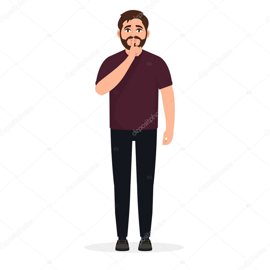 Bearded man shows a gesture of quiet, do not make noise, a character in a flat style