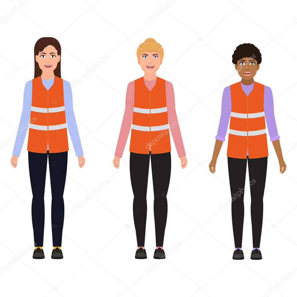 Women in reflective vests, female professions, characters in a cartoon style.