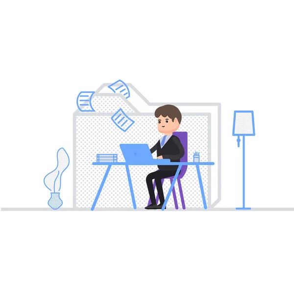 O contador classifica os documentos em uma pasta, um homem de negócios senta-se no escritório e trabalha atrás de um laptop, dia de trabalho de um homem de negócios, armazenamento de documentação, um personagem em um estilo de desenho animado . — Vetor de Stock