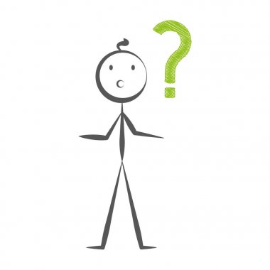 Stickman ve soru işareti el çizilmiş vektör illüstrasyon karikatür tarzında.
