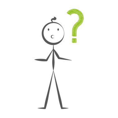 Stickman ve soru işareti el çizilmiş vektör illüstrasyon karikatür tarzında.