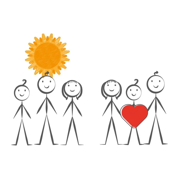 Mutlu aile, güneş, kalp el çizilmiş, karikatür tarzında vektör illüstrasyon. — Stok Vektör