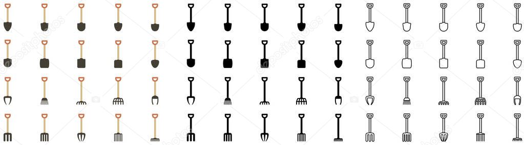 Shovels, pitchforks, rakes, vector flat icons, agricultural implement vector illustration