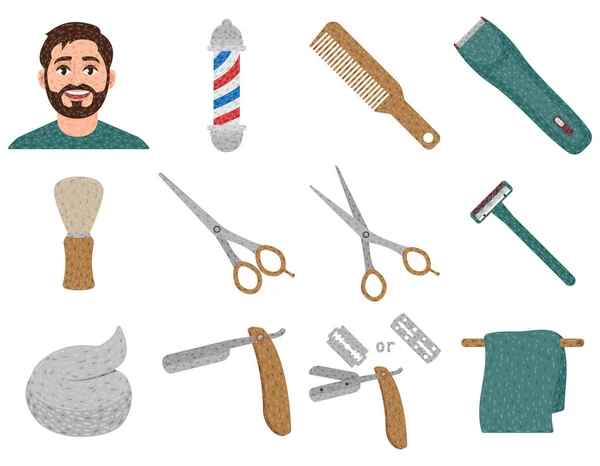 Peluquería conjunto de iconos en estilo de dibujos animados, corte de pelo y afeitado, afeitado, poste de peluquería, cortador de pelo, etc. ilustración vectorial — Archivo Imágenes Vectoriales