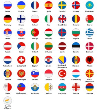 Avrupa ülkelerinin simge seti, Büyük Britanya, Malta, Lihtenştayn, vb bayrakları Düz tarzdaki semboller