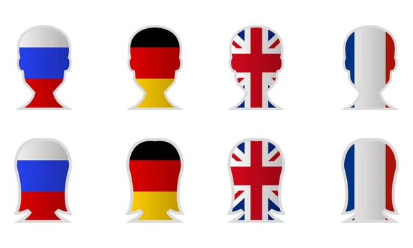 Un hombre y una mujer con banderas en la cara de Gran Bretaña, Alemania, Francia y Rusia, patriotas — Archivo Imágenes Vectoriales