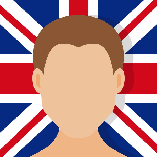 Il volto di un uomo con una bandiera sullo sfondo sul volto della Gran Bretagna — Vettoriale Stock