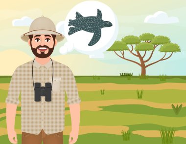Mantar şapkalı mutlu adam, hayvan avcısı deri sırtlı deniz kaplumbağası, safari manzara, şemsiye akasya, Afrika kırsal, vektör illüstrasyon düşünüyor