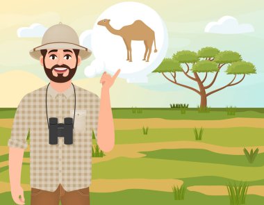 Mantar şapkalı mutlu adam, hayvan avcısı deve, safari manzara, şemsiye akasya, Afrika kırsal, vektör illüstrasyon düşünüyor