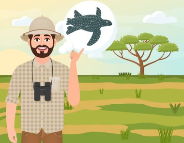 Mantar şapkalı mutlu adam, hayvan avcısı deri sırtlı deniz kaplumbağası, safari manzara, şemsiye akasya, Afrika kırsal, vektör illüstrasyon düşünüyor