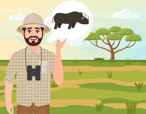 Szczęśliwy człowiek w korku kapelusz, myśliwy zwierząt myśli o nosorożca afrykańskiego, krajobraz Safari, parasol akacji, Afryki wsi, wektor ilustracji — Wektor stockowy