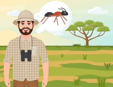 Mantar şapkalı mutlu adam, hayvan avcısı bir karınca, safari manzara, akasya şemsiyesi, Afrika kırsal, vektör illüstrasyon düşünüyor