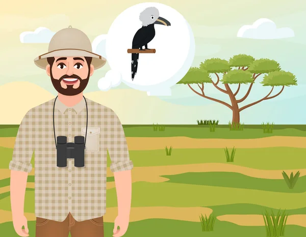 Hombre feliz en un sombrero de corcho, un cazador de animales piensa en el Hornbill de payaso blanco africano, paisaje de safari, un paraguas de acacia, campo africano, ilustración vectorial — Vector de stock