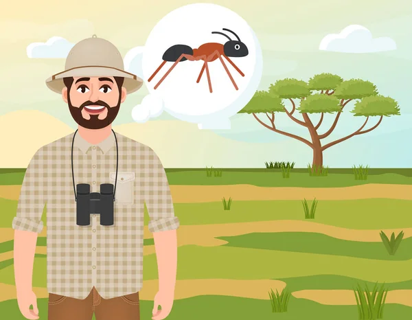 Mantar şapkalı mutlu adam, hayvan avcısı bir karınca, safari manzara, akasya şemsiyesi, Afrika kırsal, vektör illüstrasyon düşünüyor — Stok Vektör