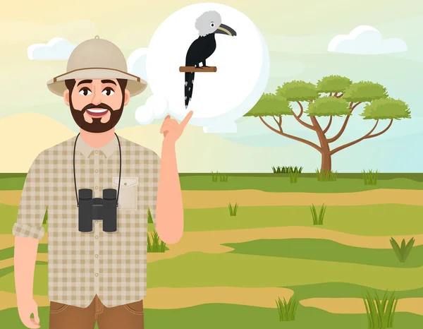 Hombre feliz en un sombrero de corcho, un cazador de animales piensa en el Hornbill de payaso blanco africano, paisaje de safari, un paraguas de acacia, campo africano, ilustración vectorial — Vector de stock
