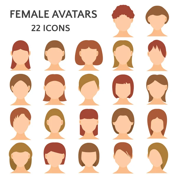 Conjunto de iconos de avatares femeninos. Mujeres sin emociones en la cara, las niñas con diferentes peinados y el pelo vector de color ilustración — Vector de stock