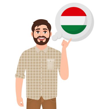 Mutlu sakallı adam diyor veya Macaristan, Avrupa ülke simgesi, gezgin veya turist vektör illüstrasyon ülke hakkında düşünüyor