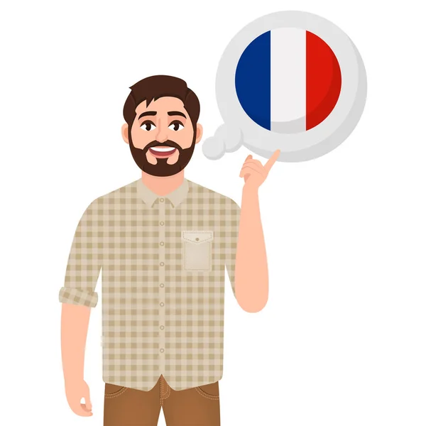 Glücklicher bärtiger Mann im Gespräch oder beim Nachdenken über das Land Frankreich, europäische Länderikone, Reise- oder Touristenvektorillustration — Stockvektor